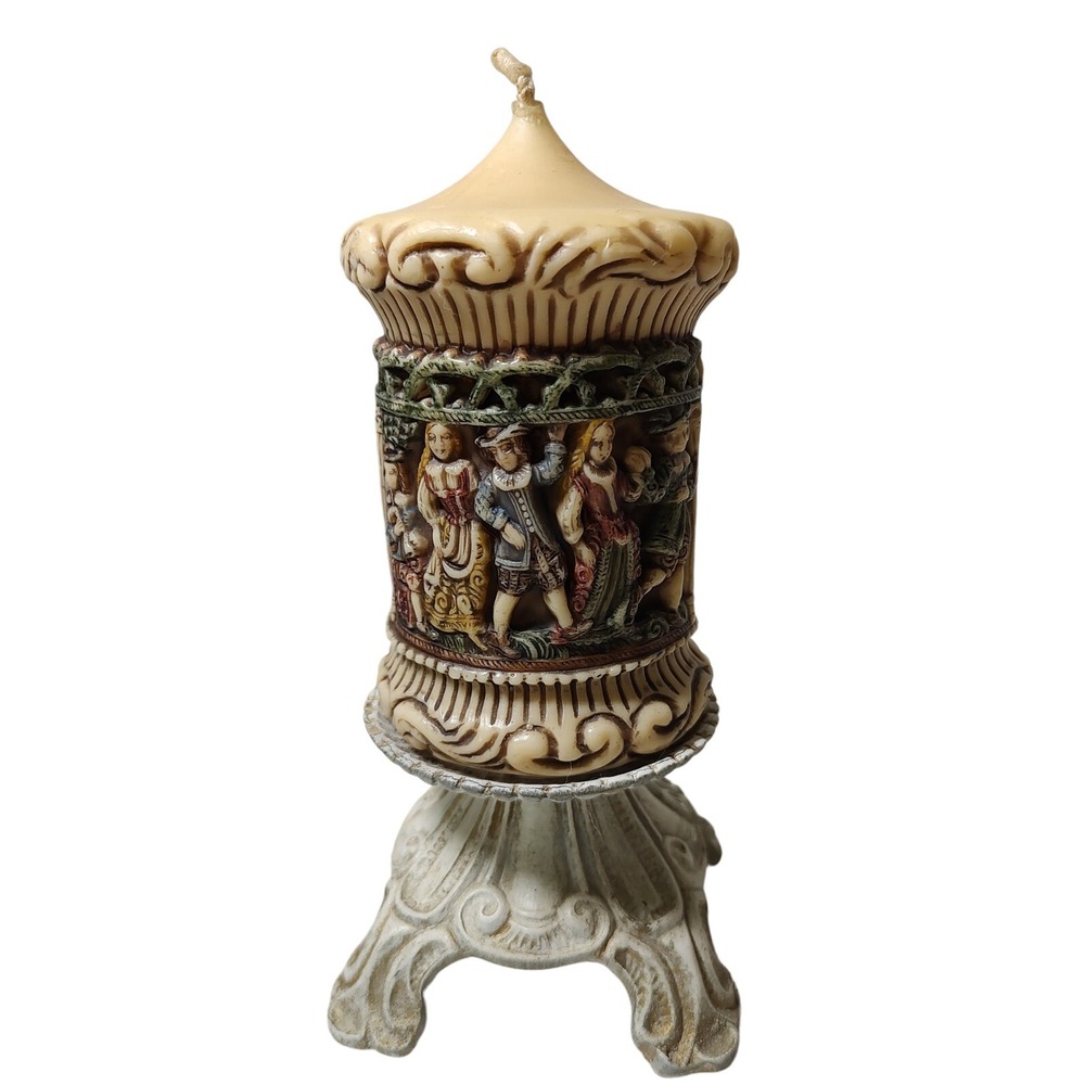 Seifen Lenz Carved Candle and‎ Holder Pub Scene West Germany Intricate 9.5 in